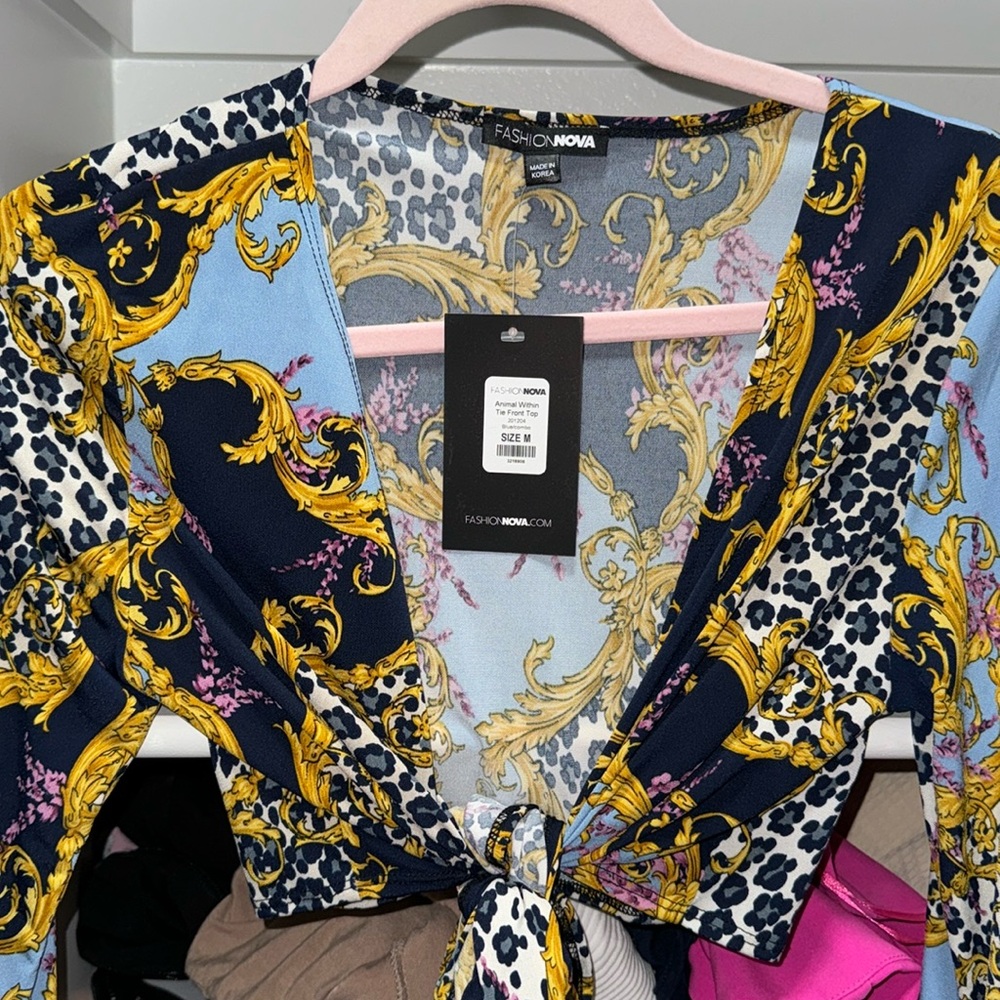 animal print front tie long sleeve top
